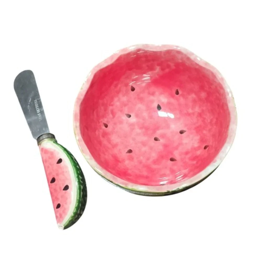 Vintage Ceramic Watermelon Bowl With Watermelon Stainless Steel Cheese Spreader